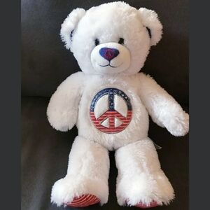 Build A Bear BAB White Peace Sign Patriotic USA Plush Stuffed Animal Toy EUC